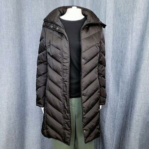 Kenneth Cole Down Puffer Coat Faux Fur Trim Hood Midi Black Women's S